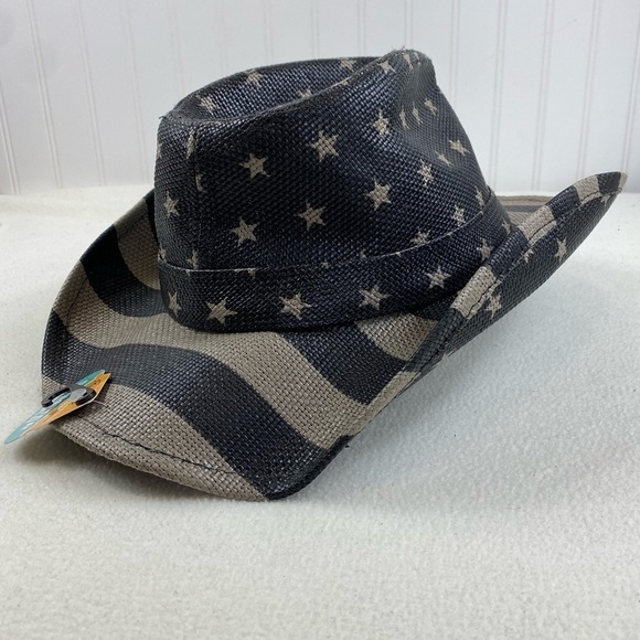 USA Flag Design Cowboy Hat Khaki and Dark Gray‎ Stripes and Stars One Size - Picture 5 of 16